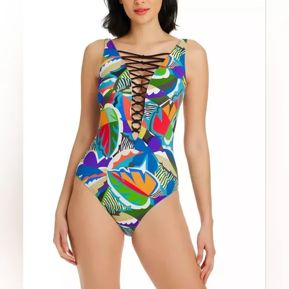 NWT! Bleu by Rod Beattie The Mix Lace Down One Piece Swimsuit - Picture 1 of 16